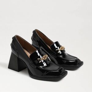 Sam Edelman Black Patent Leather Block Heel Loafers with Gold Chain